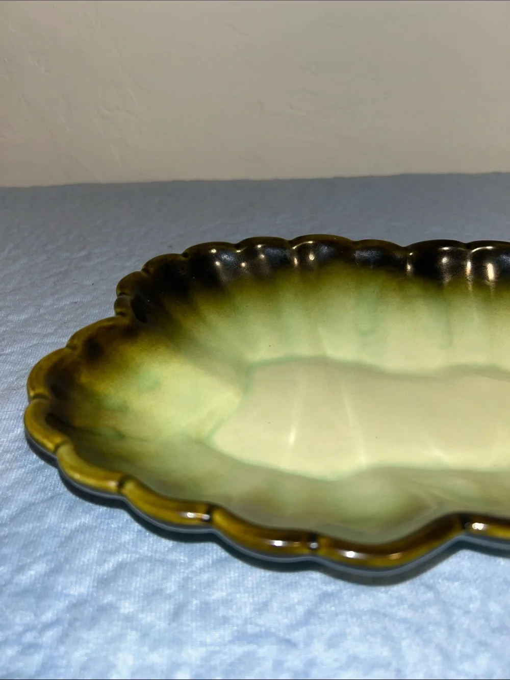 Mid-Century Modern Green/Brown Ombre Ceramic Leaf or Floral serving dish